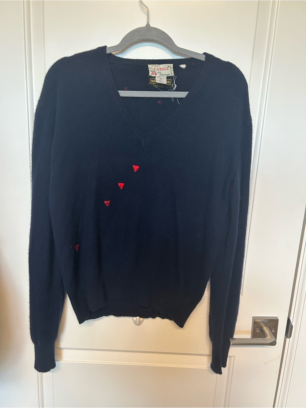 Vintage Caroll Paris cashmere V-Neck Sweater with Red Accent Embroidery